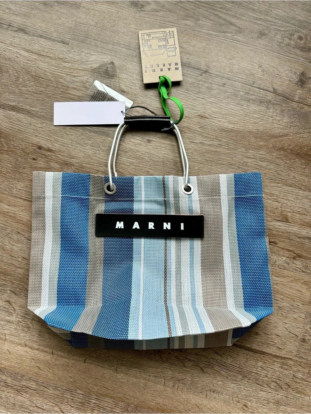 Marni Market Blue, Light Blue & Tan Striped Canvas Tote
